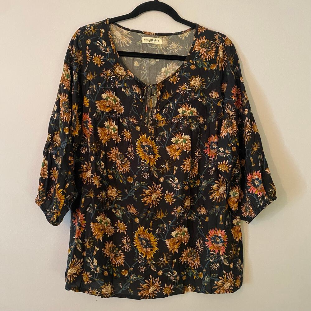 Natural Life Navy Orange Floral Peasant Blouse 3/4 Sleeve Boho Women size Large